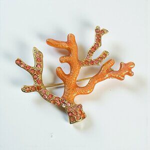 Vintage Monet Coral Branch Brooch Glittery Enamel Crystal Rhinestone Pin Ocean